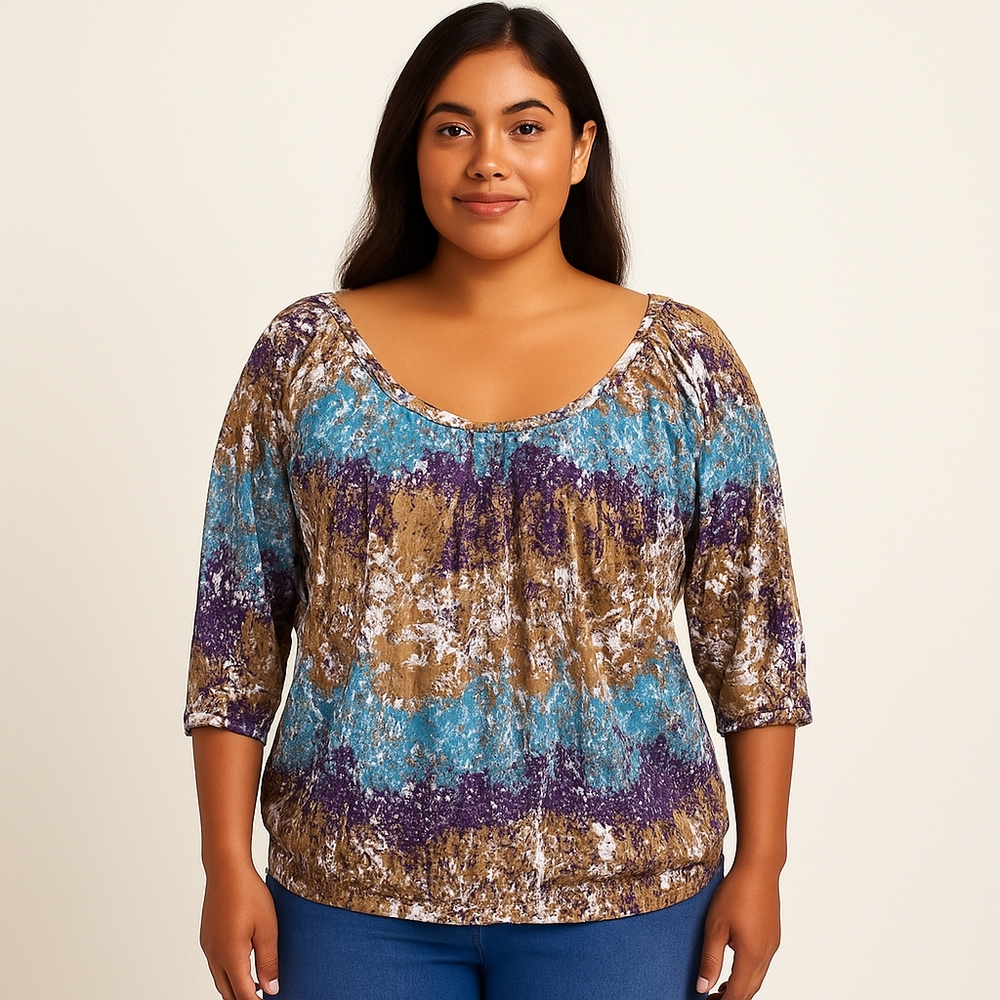 M3)   Women’s Abstract Print Blouse – Size Large – Scoop Neck, 3/4 Sleeves
